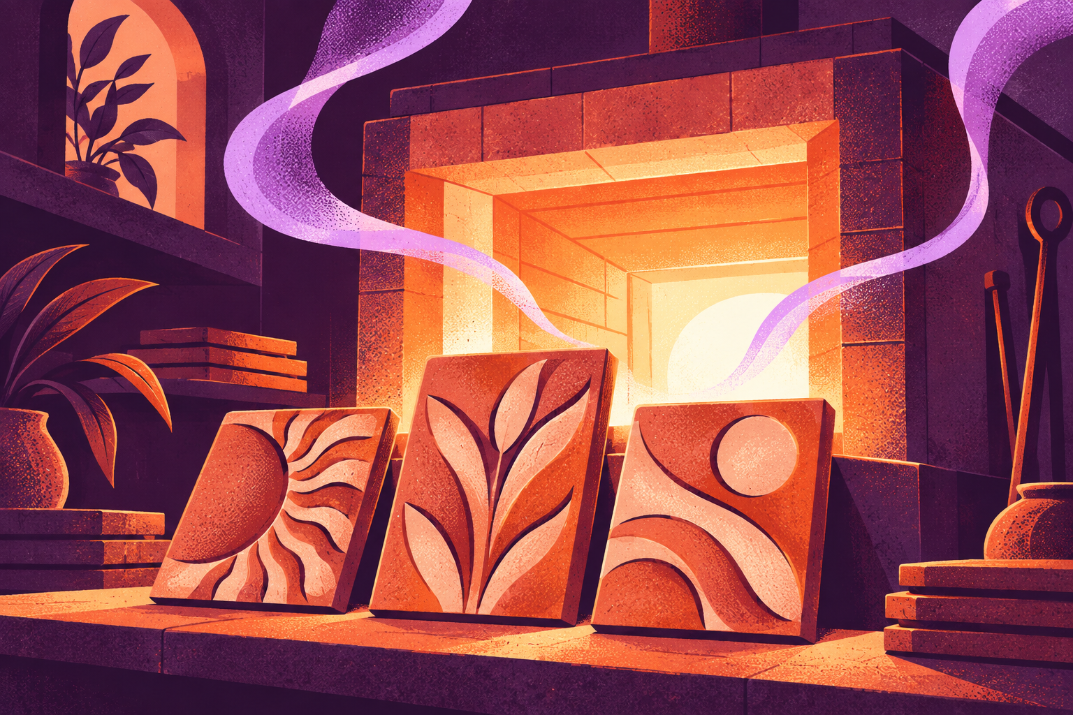 An empty glowing ceramic furnace with sculptural terracotta tiles and orchid heat ribbons.